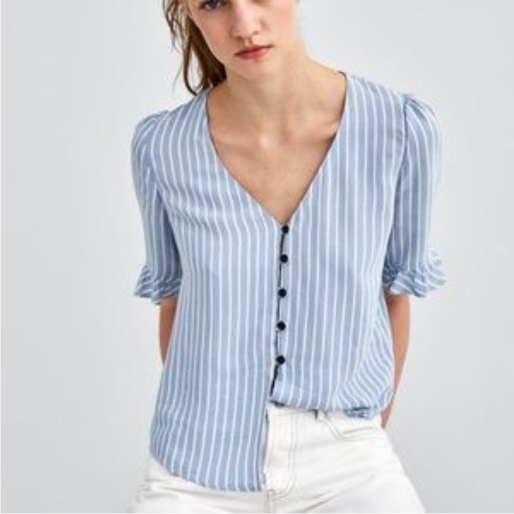 Zara Striped Flowy Button Front V-Neck Ruffle Sleeve Top Shirt Blue White